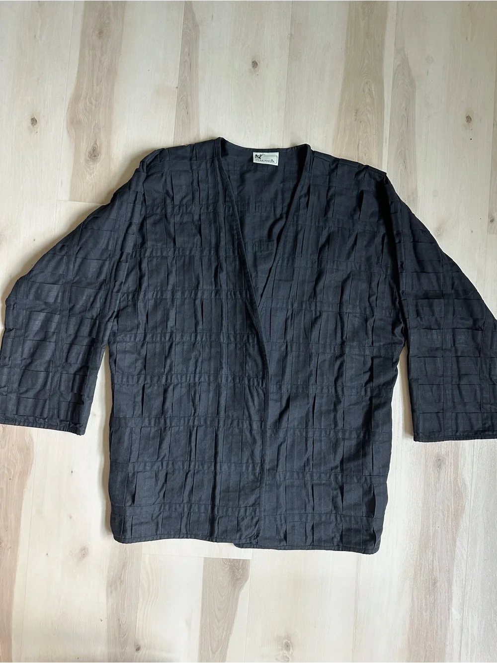 Yak Magik Vintage Black Cotton Pleated Pintuck Open Front Cardigan Jacket Nepal